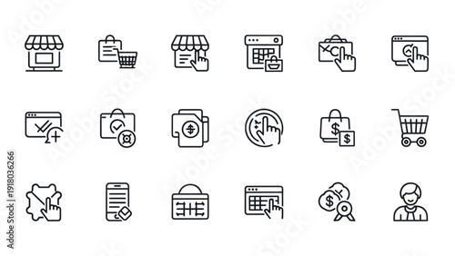 Set of e commerce icons representing online store shopping and transactions
