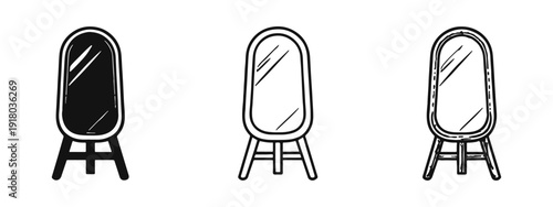 Set of Tall Oval Floor Mirror Icons with Solid, Outline, and Hand-Drawn Styles