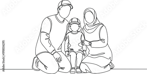 Muslim Family Line Art Vector Illustration with Parents and Child Sitting Together in Minimal Outline Style for Islamic Lifestyle Design