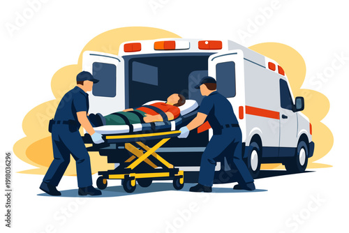 Paramedics Transporting Patient on Stretcher to Ambulance.