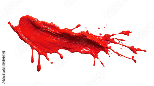 Vibrant red paint splatter with dynamic droplets isolated on transparent background