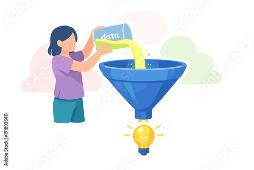 Woman pouring data into funnel to create idea lightbulb.