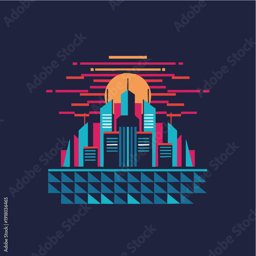 Futuristic cityscape in neon lights with vibrant colors on geometric background for technology branding