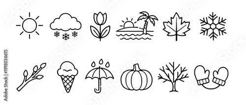 Adobe Illustrator Seasons and weather line icon set, spring, summer, autumn, winter, nature