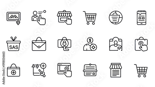 Set of e commerce icons with shopping cart storefront and other elements