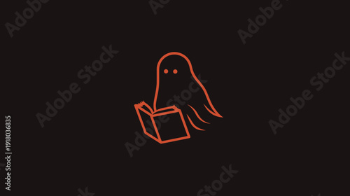 Minimalist outline illustration of a friendly orange ghost reading an open book on a dark background. Halloween education concept.