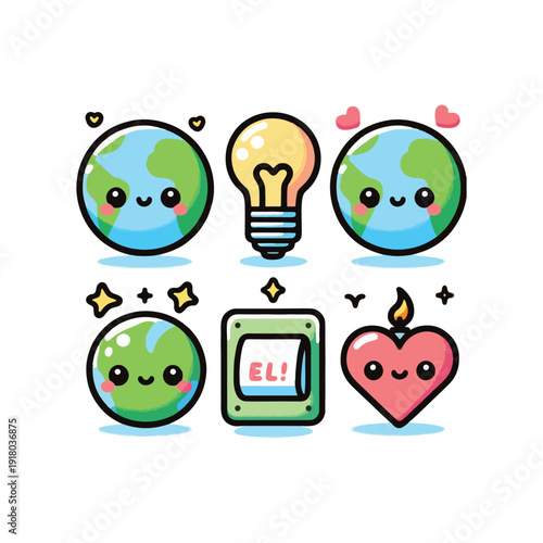 earth hour cute rounded flat eco awareness vector icons
