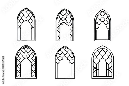 Set of decorative arched garden screen featuring an intricate Islamic geometric trellis line art vector illustration