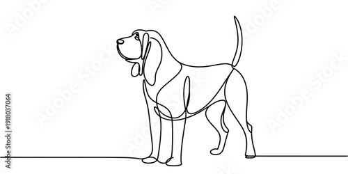 Minimalist continuous line drawing of a bloodhound dog standing on a white background