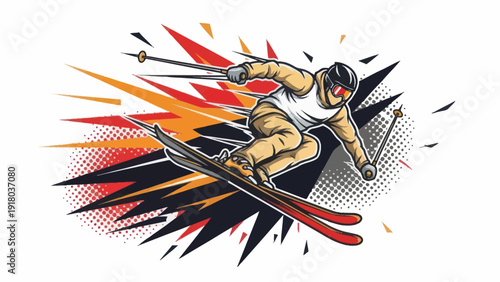 Dynamic skiier in motion on white background for sports and winter themes