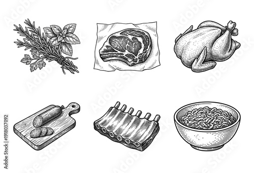 Vintage hand drawn butcher shop collection featuring raw meat cuts, poultry, sausages, and fresh herbs in a detailed woodcut engraving style.