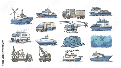 Transportation Collection: A diverse collection of transportation vehicles, featuring boats, trucks, and aircraft, is artfully depicted against a neutral backdrop.