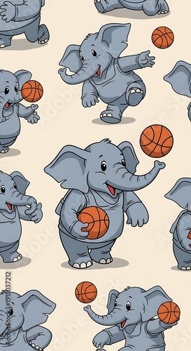 Cute elephants with basketballs play a fun  together.