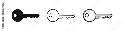 Set of Classic House Key Icons in Solid, Outline, and Hand-Drawn Styles