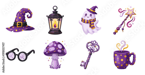 Cute Magic Halloween Sticker Set, Purple Vector Illustration