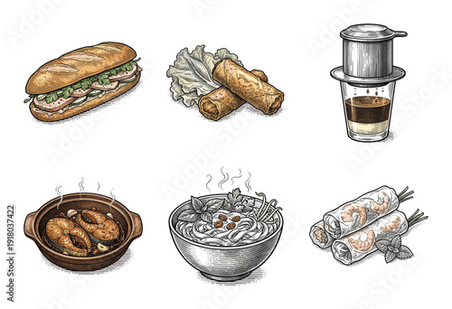 Vietnamese cuisine collection featuring hand drawn vintage illustrations of banh mi phở and ca kho to with coffee and spring rolls