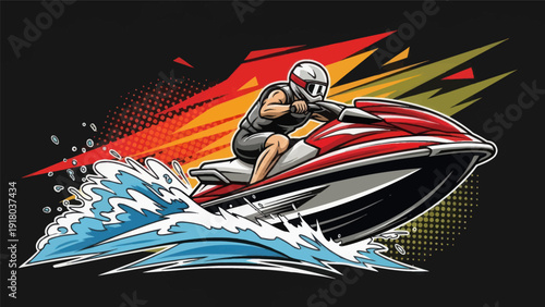 Jet ski rider on water with colorful splashes vector illustration