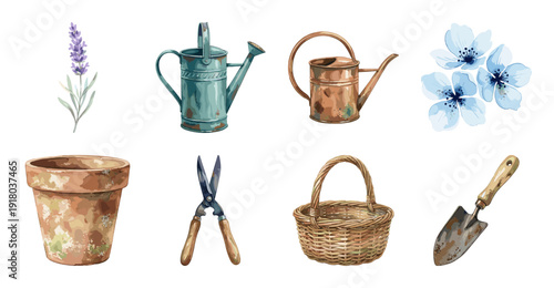 Vintage Watercolor Gardening Tools and Flowers Clipart Set
