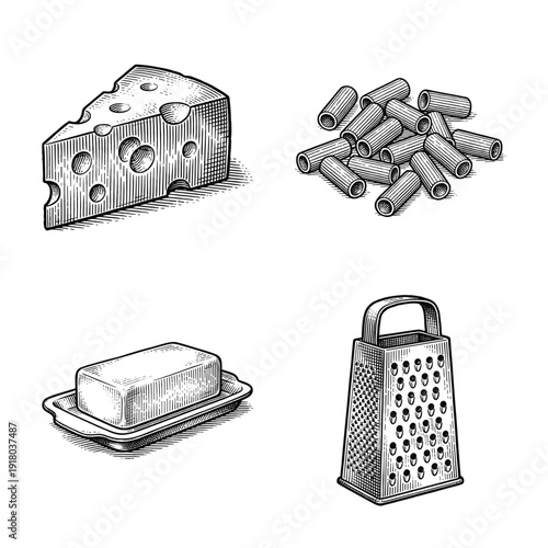 Vintage style hand drawn woodcut illustration of mac and cheese ingredients including a wedge of swiss cheese rigatoni pasta butter and a grater