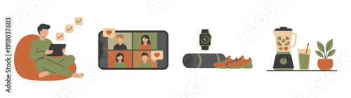 Flat Vector Wellness and Remote Lifestyle Illustration Set for Healthy Living and Digital Productivity