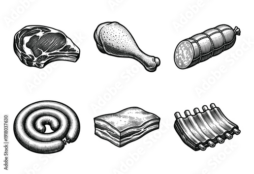 Collection of hand drawn meat and deli products including steak, chicken, sausage, bacon, and ribs in a vintage woodcut engraving style.