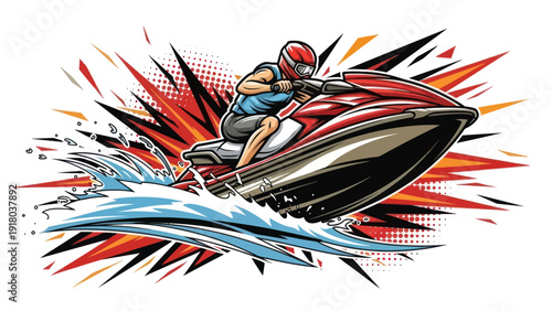 Jet ski rider on water with dynamic action illustration on white background