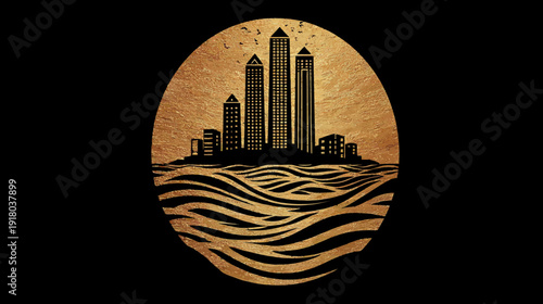 Golden textured city skyline silhouette with towering skyscrapers above wavy water in a circular frame, urban abstract illustration.