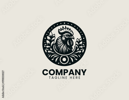 Rooster's head in detail, framed with decorative leaves and circular elements black vector logo illustration white background