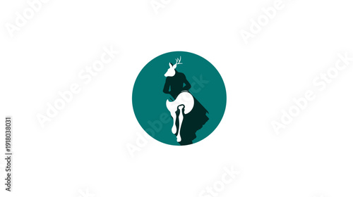 Stylized graphic silhouette of a mystical forest spirit with antlers holding an axe, encased in a circular emblem.