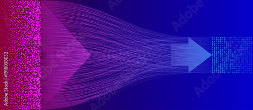 Abstract magenta and blue data flow banner showing conceptual transition from particles to binary code through an arrow. Futuristic visualization of AI processing and big data.