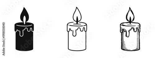 Set of Burning Candle Icons with Dripping Wax in Solid, Outline, and Hand-Drawn Styles