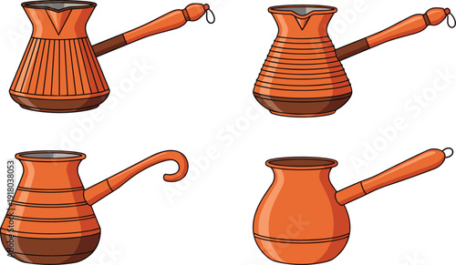 A set of four traditional copper Turkish coffee pots with long wooden handles and unique engraved patterns isolated on a white background for cafe design.