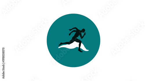 Dynamic runner silhouette icon on teal circle background representing speed, sport, fitness, and active lifestyle