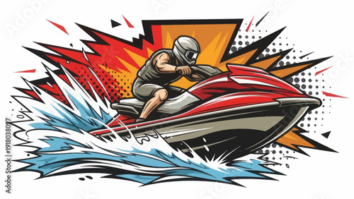 Jet ski rider speeding across water in a vibrant vector illustration