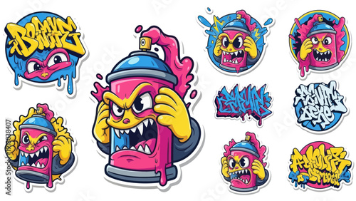 Colorful spray paint can character illustrations for urban art and design