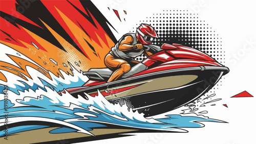 Jet skiing illustration rider on watercraft with speed and action