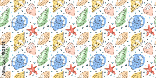 Seamless pattern with oceanic print of seashell in flat style. Sea design with sea shell and bubble of different shape.