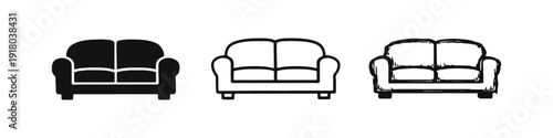 Two-seater sofa icon set in glyph, outline, and doodle styles, representing comfort and living room furniture.