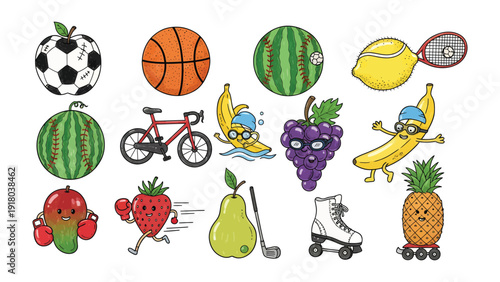 Sports and Fruits: An array of delightful sports equipment and fruits, a colorful ensemble that combines the playfulness of sports with the goodness of fresh produce. A harmonious mix of health.