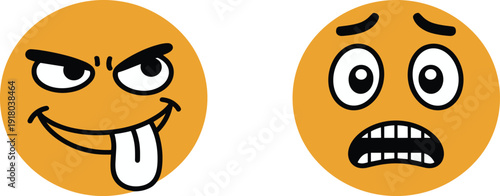 Funny cartoon emoji vector illustration set, cute orange smiley faces with tongue out and scared expression