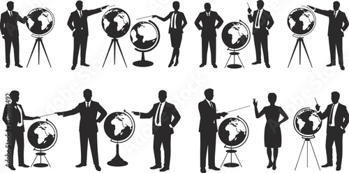 Black Silhouette Vector Collection of Business People and Teachers Giving Presentations with World Globe Isolated on White Background for Global Education and Corporate Training