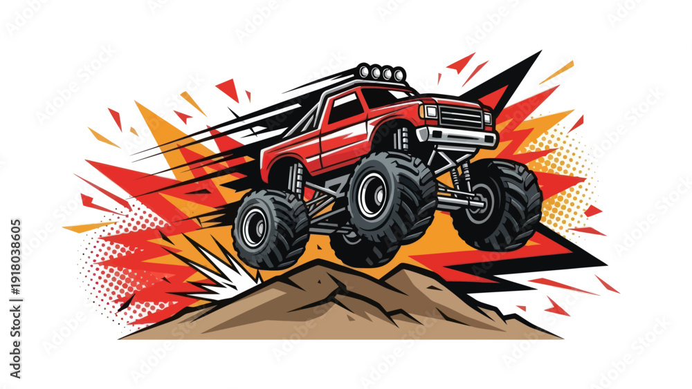 Obraz premium Monster truck jumping over terrain against a dynamic vector background