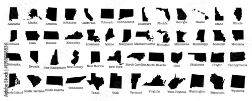 black usa state silhouettes with state names isolated on white background vector illustration suitable for geography education cartography infographics and design use