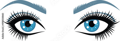 Beautiful blue female eyes with long black eyelashes vector illustration, glamorous makeup and eyebrows icon