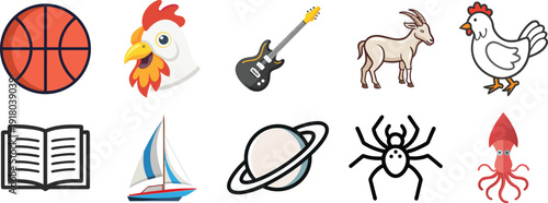 A collection of cartoon images including animals objects and symbols