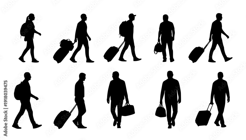 Fototapeta premium silhouettes of people walking , Silhouettes of people walking with luggage and bags travel on transparent background , no background