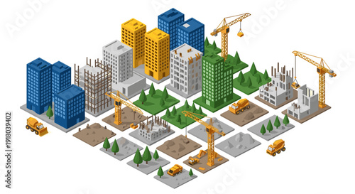 Isometric Cityscape with Buildings and Construction 1.