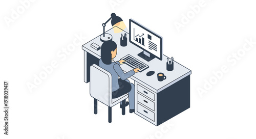 Isometric Illustration of Person Working on Computer.