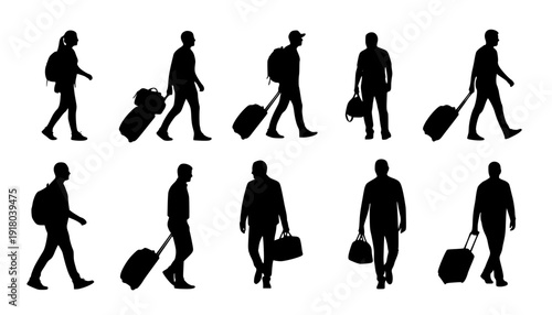 silhouettes of people walking , Silhouettes of people walking with luggage and bags travel on transparent background , no background