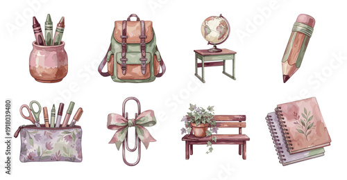 Vintage School Supplies and Stationery Sticker Set, Watercolor Style